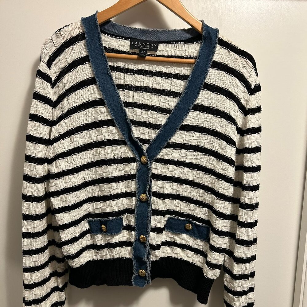 Laundry By Shelli Segal Black and White Striped Cardigan with Denim Detailing